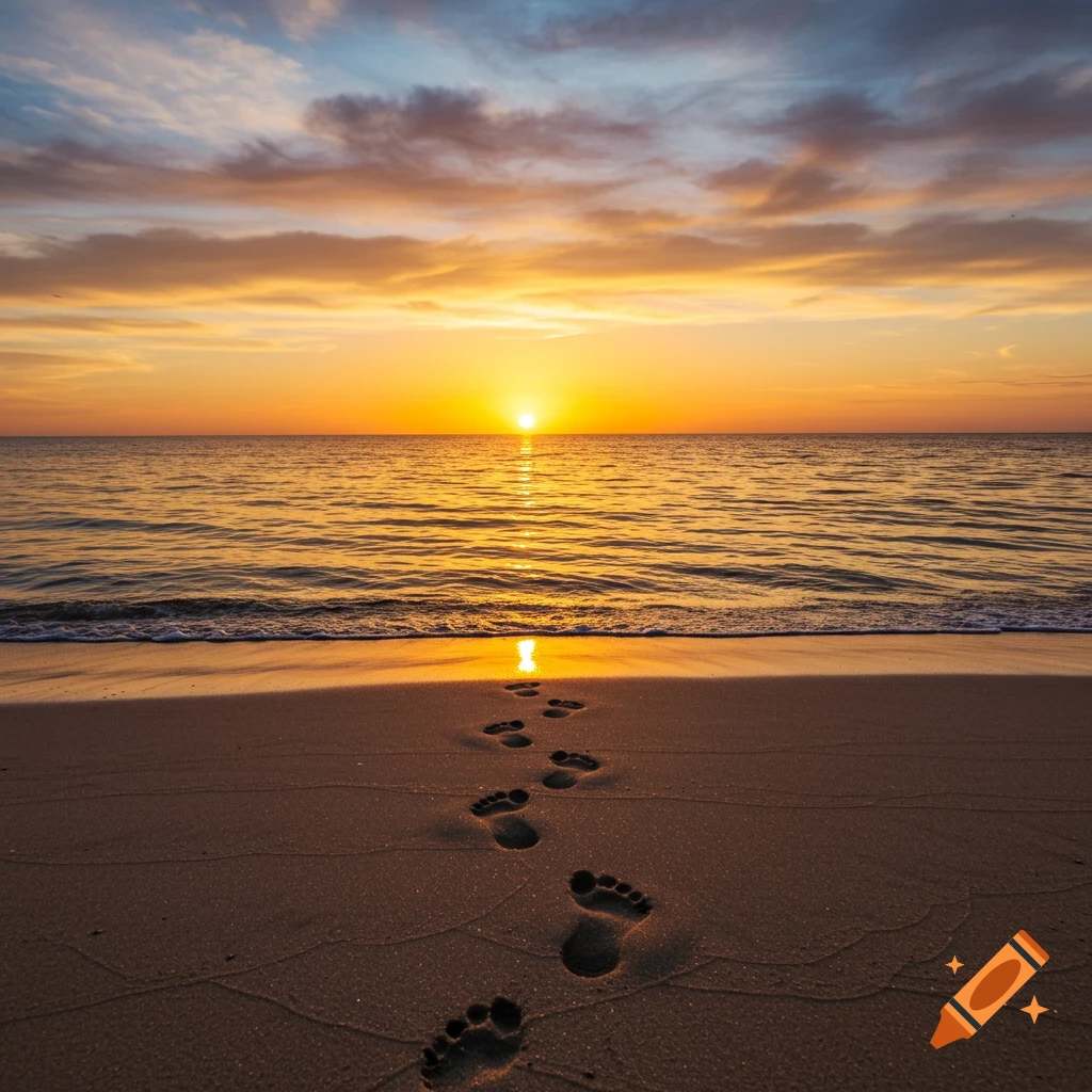 Footprints on a sandy beach lead towards a sunset over the ocean