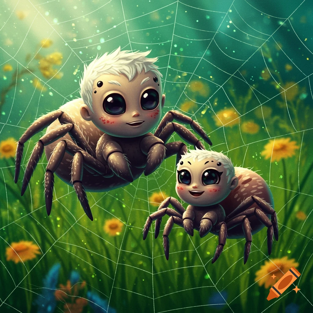 Cartoon spider-human hybrid creatures on a web in a field of flowers.