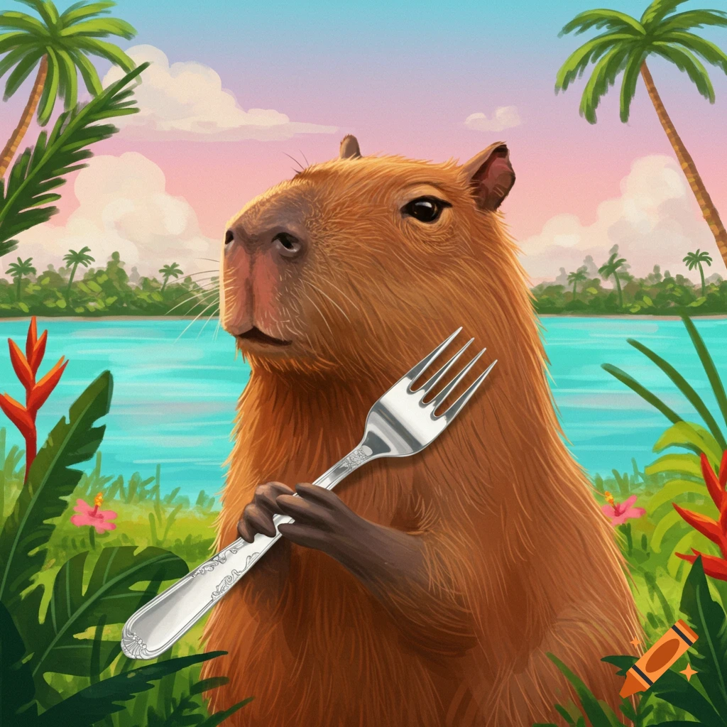 Capybara holding a fork