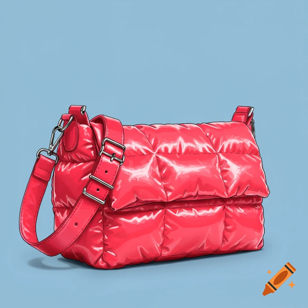 A bright red puffer shoulder bag illustration on a blue background.
