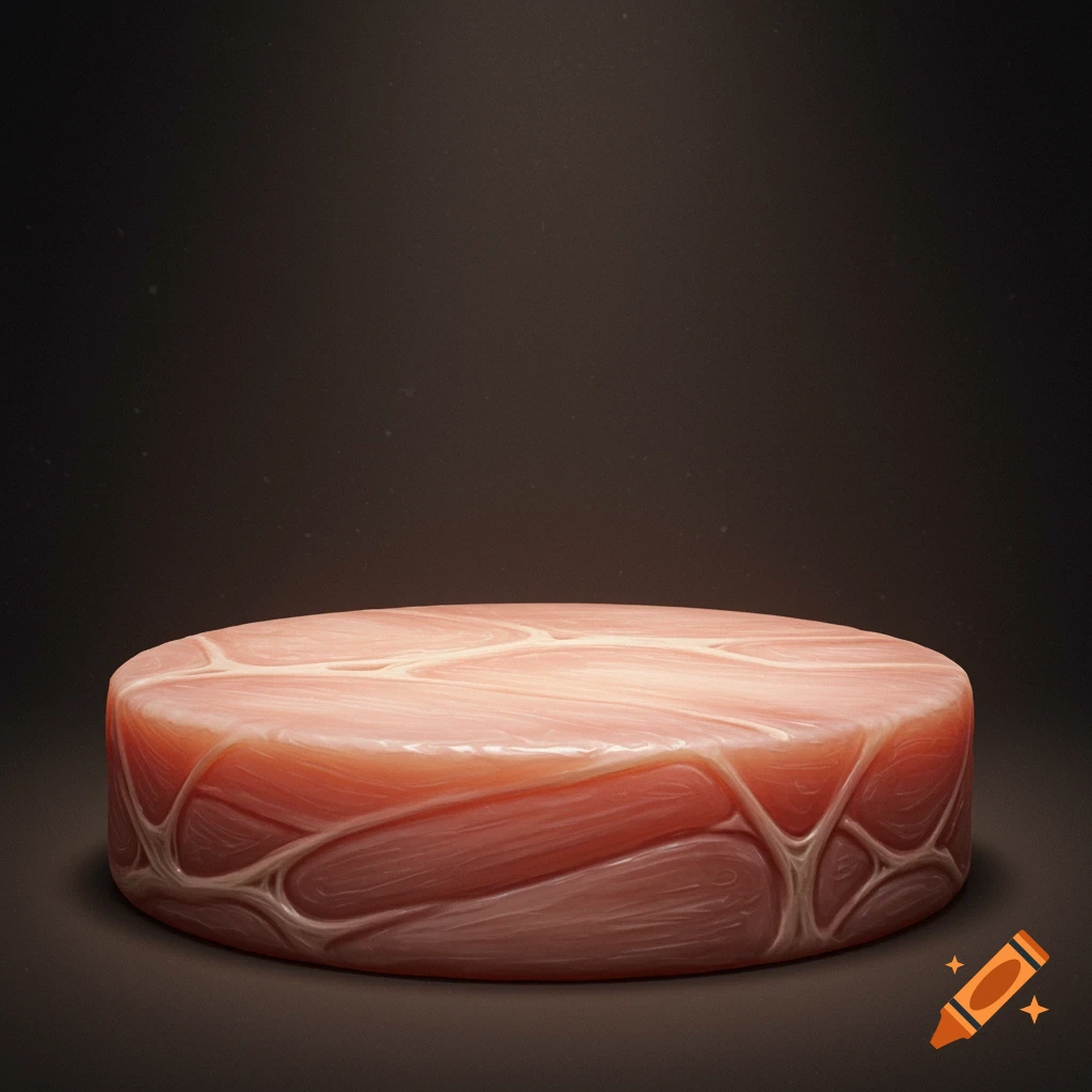 A circular pedestal made of raw meat texture on a dark background.