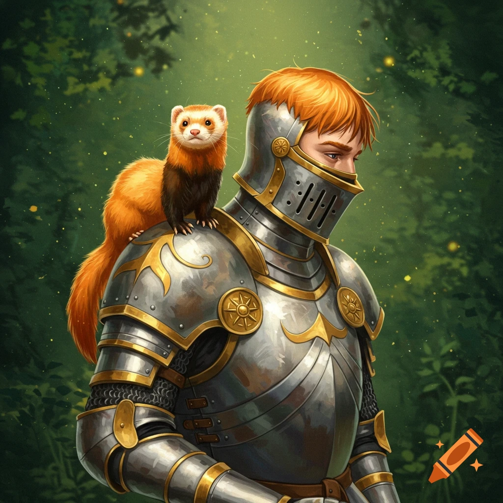 A knight in ornate armor with a ferret on his shoulder in a sun-dappled forest.