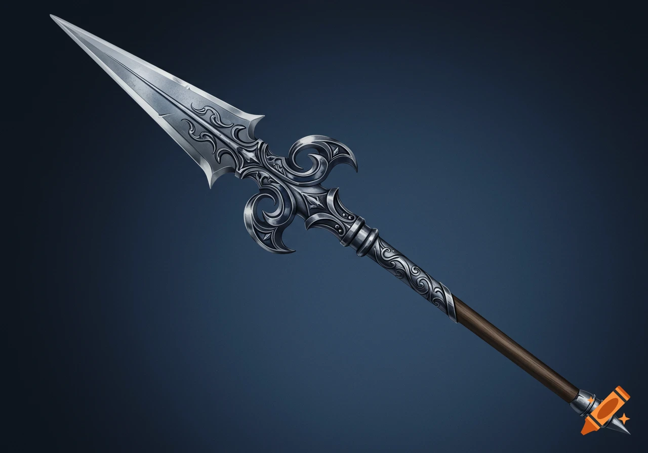 An ornate silver spear with a wood handle.