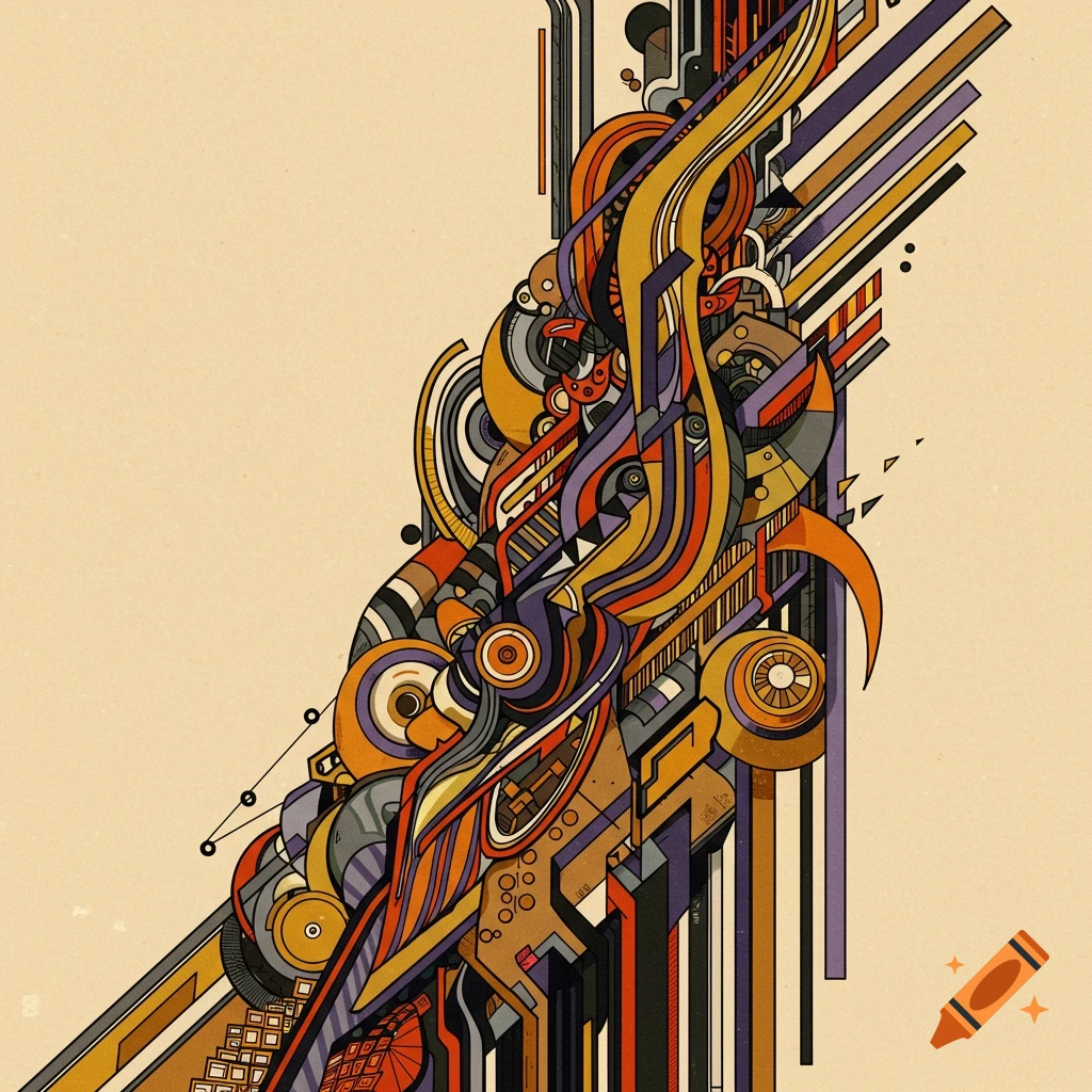 Abstract illustration with complex orange, yellow, purple, and grey geometric and organic shapes climbing vertically