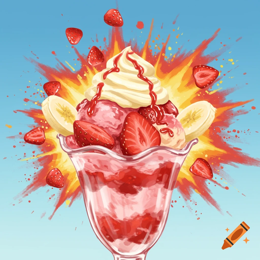 Illustration of a strawberry banana sundae with exploding strawberries and banana slices.