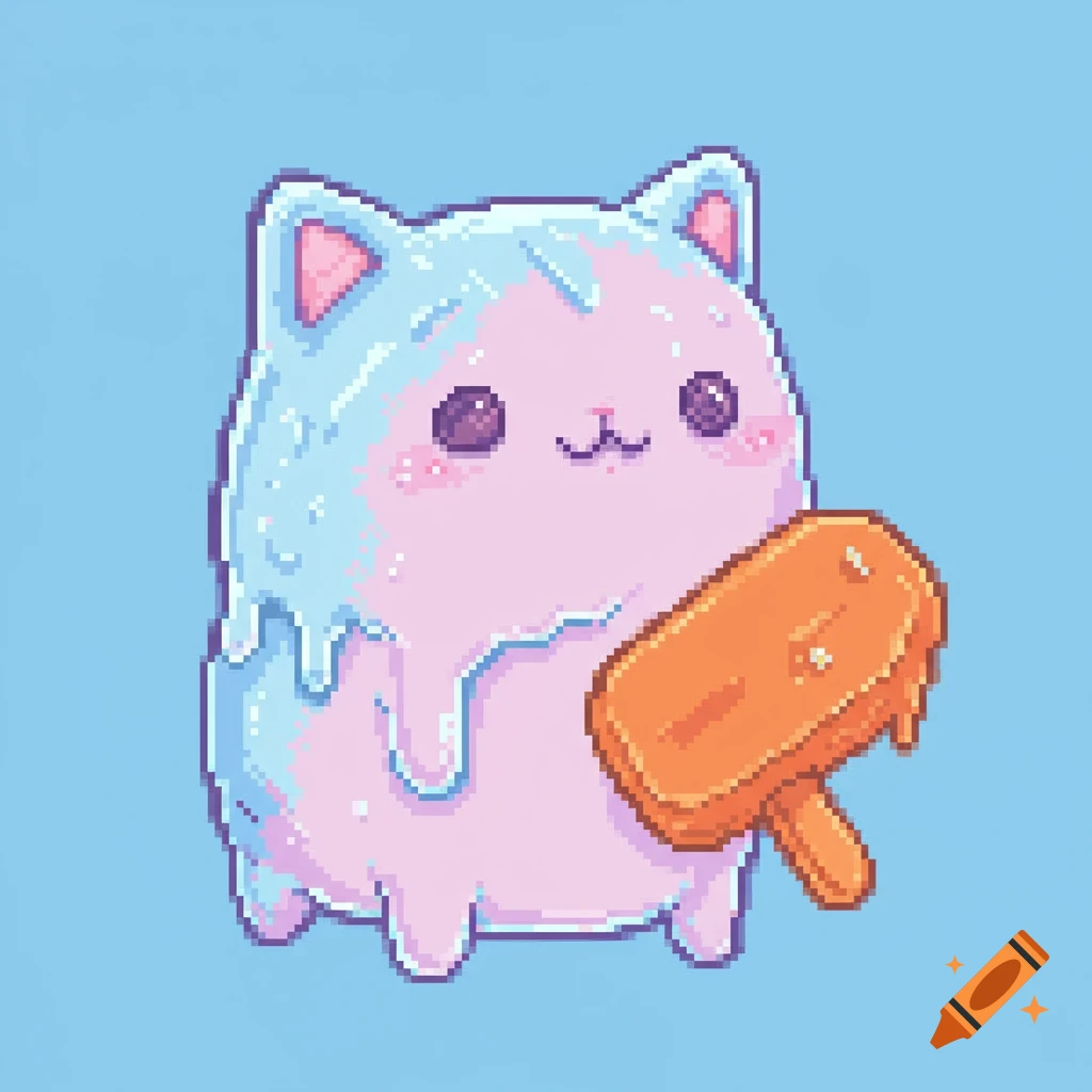 Pixel art of a cute melted cat creature holding a popsicle stick