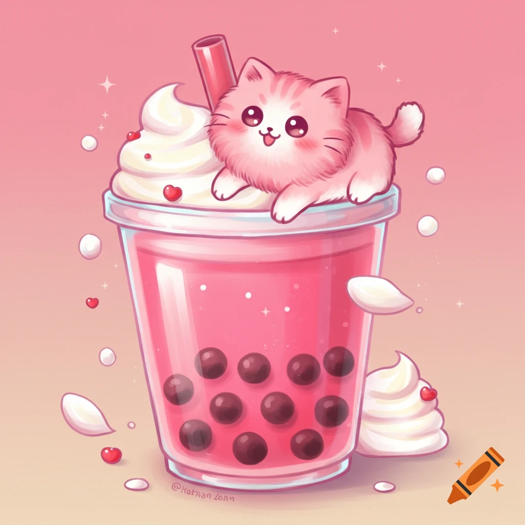Cute pink cat sitting on whipped cream topping a pink boba tea drink, illustration