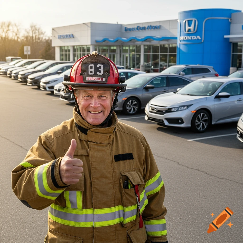 Firefighter giving thumbs up in front of Honda dealership photo capture promotion
