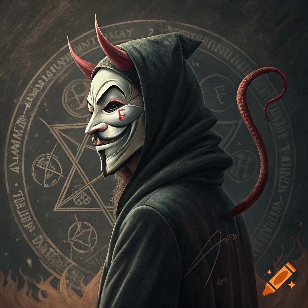 Figure in Guy Fawkes mask with devil horns and tail against a dark background with occult symbols.