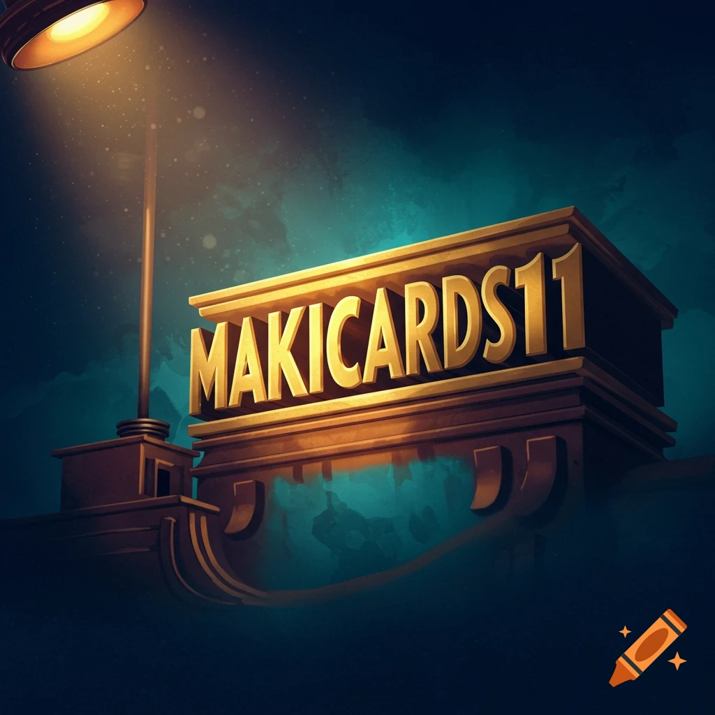 Close-up of a stylized logo sign with the text MAKICARDS11, illuminated by a bright light.