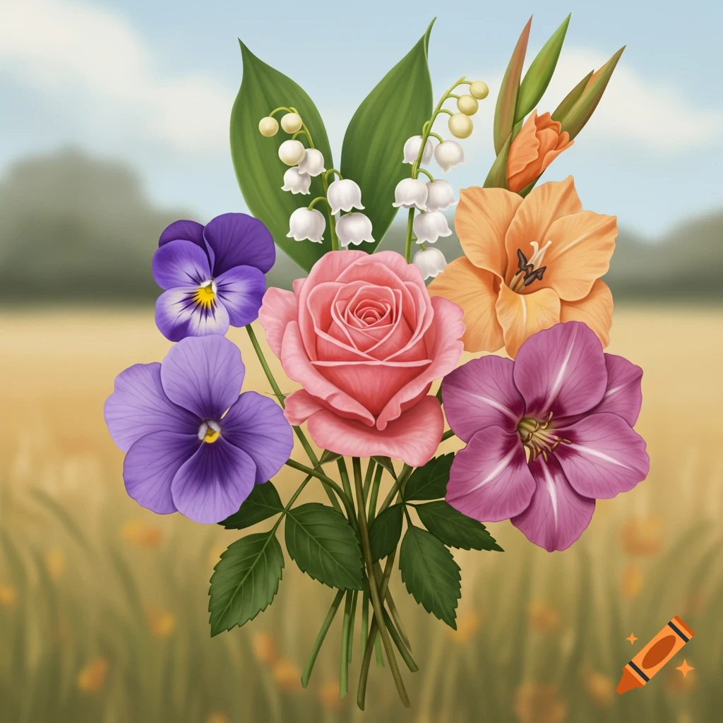 A colorful bouquet of purple pansies, a pink rose, white lily of the valley, and orange gladiolus.