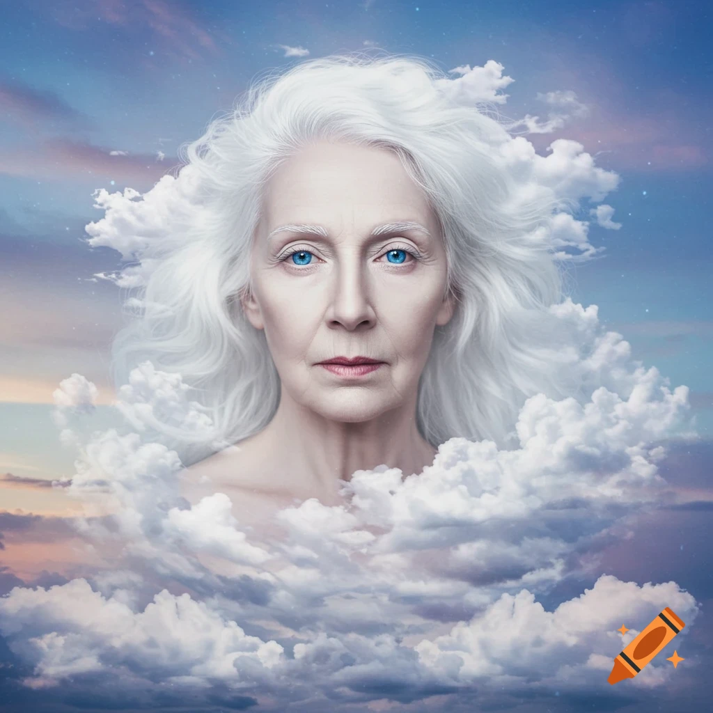 A white-haired woman with blue eyes emerges from clouds in a stylized portrait.