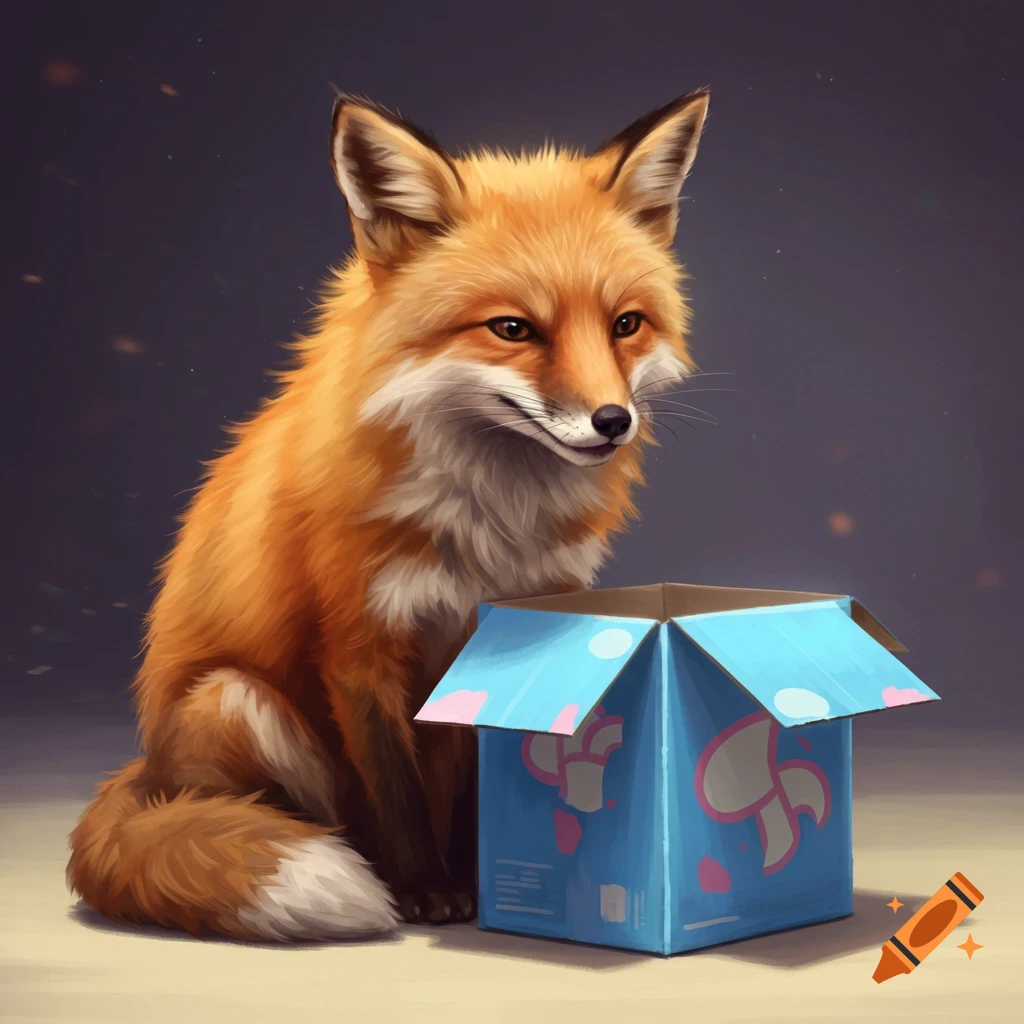 A stylized illustration of a fox sitting next to an open blue box.