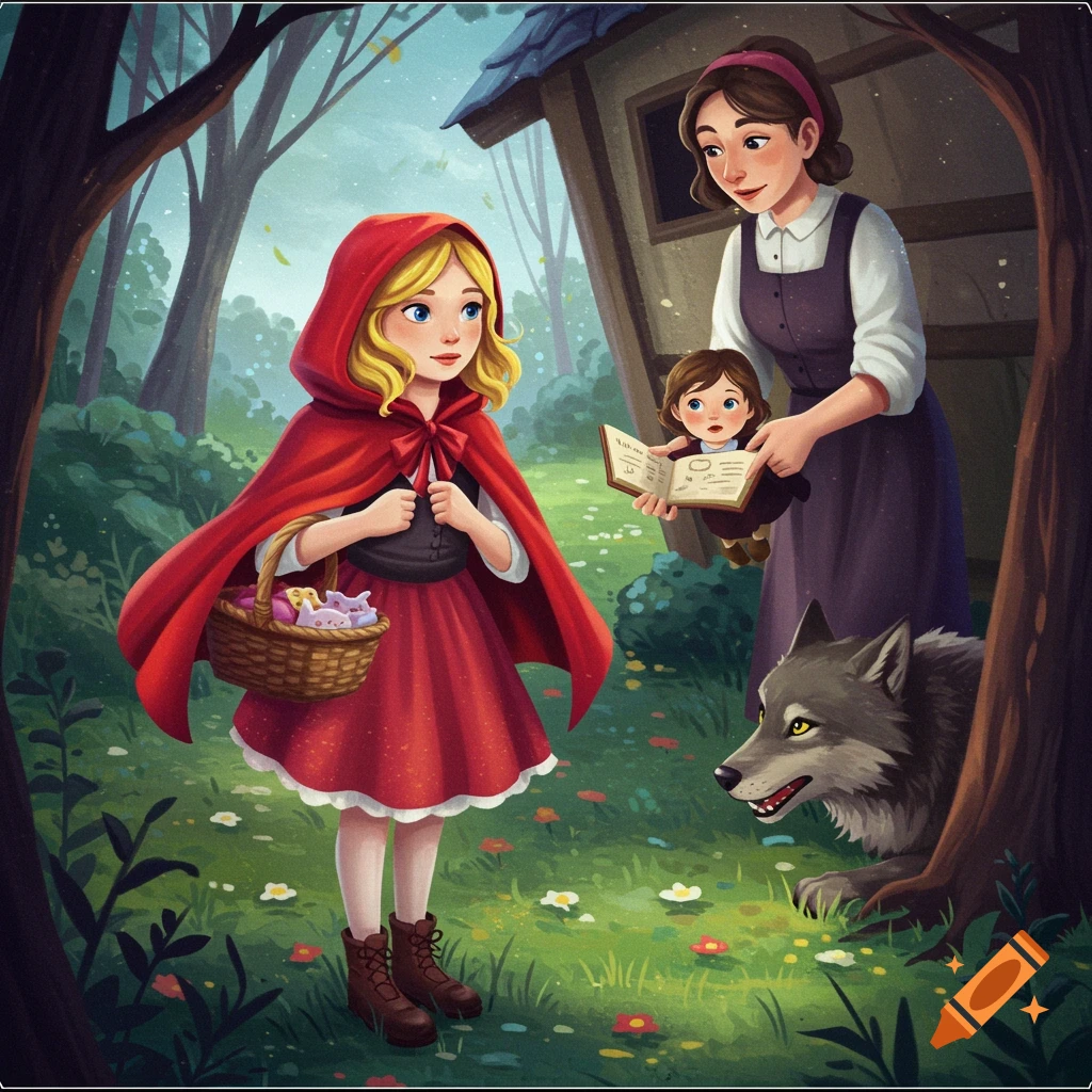 Illustration of Little Red Riding Hood, her mother, and a wolf in a forest.