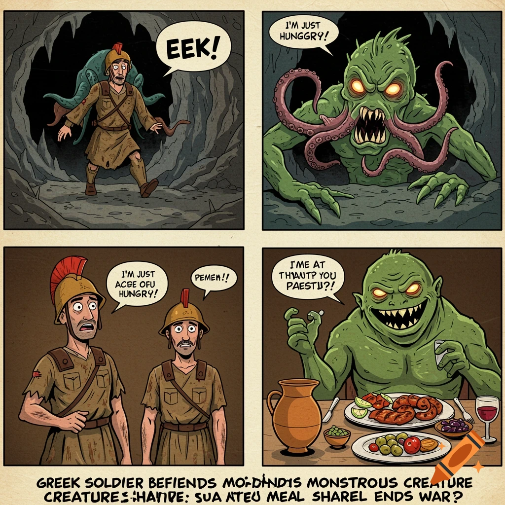 Funny comic strip of a Greek soldier and a monster