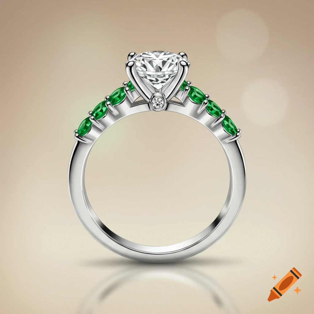 White gold engagement ring with diamond and green stones in low-profile setting