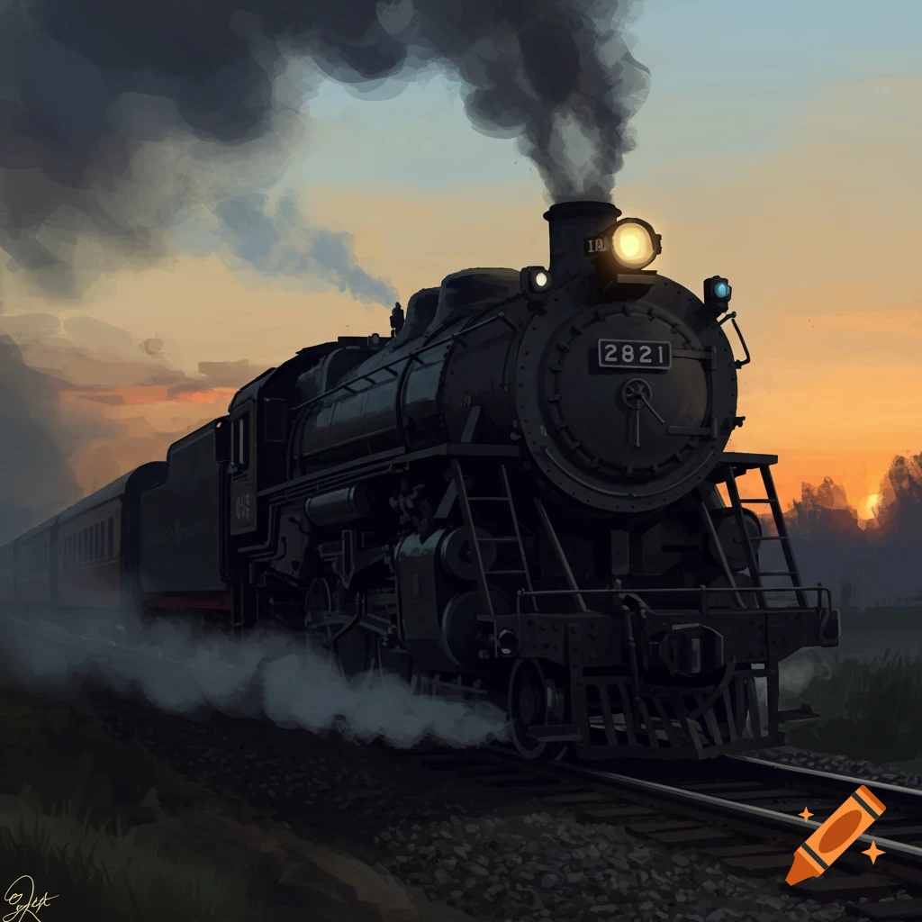 A stylized painting of a black steam locomotive pulling carriages at sunset.
