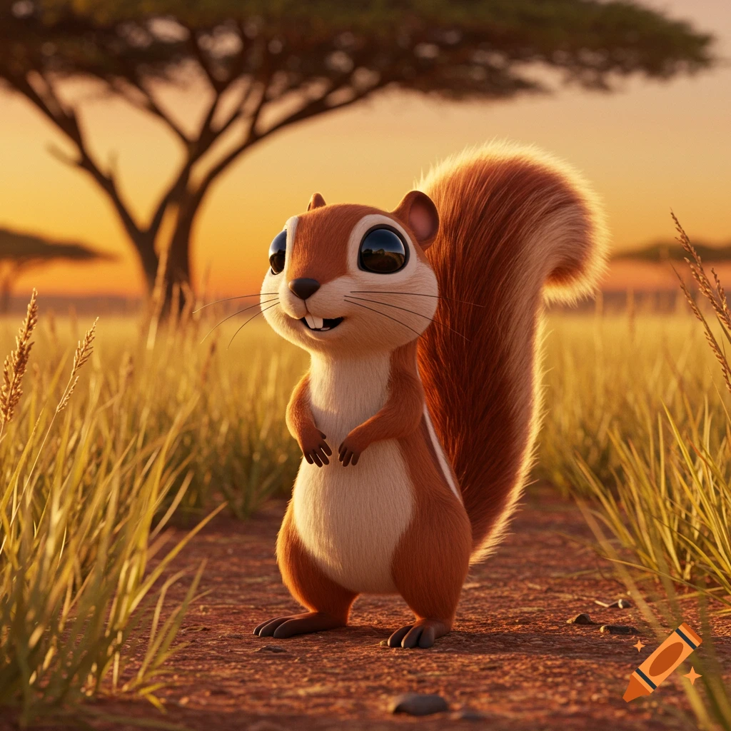 A cute cartoon squirrel stands on a path in a savanna at sunset, rendered in 3D.