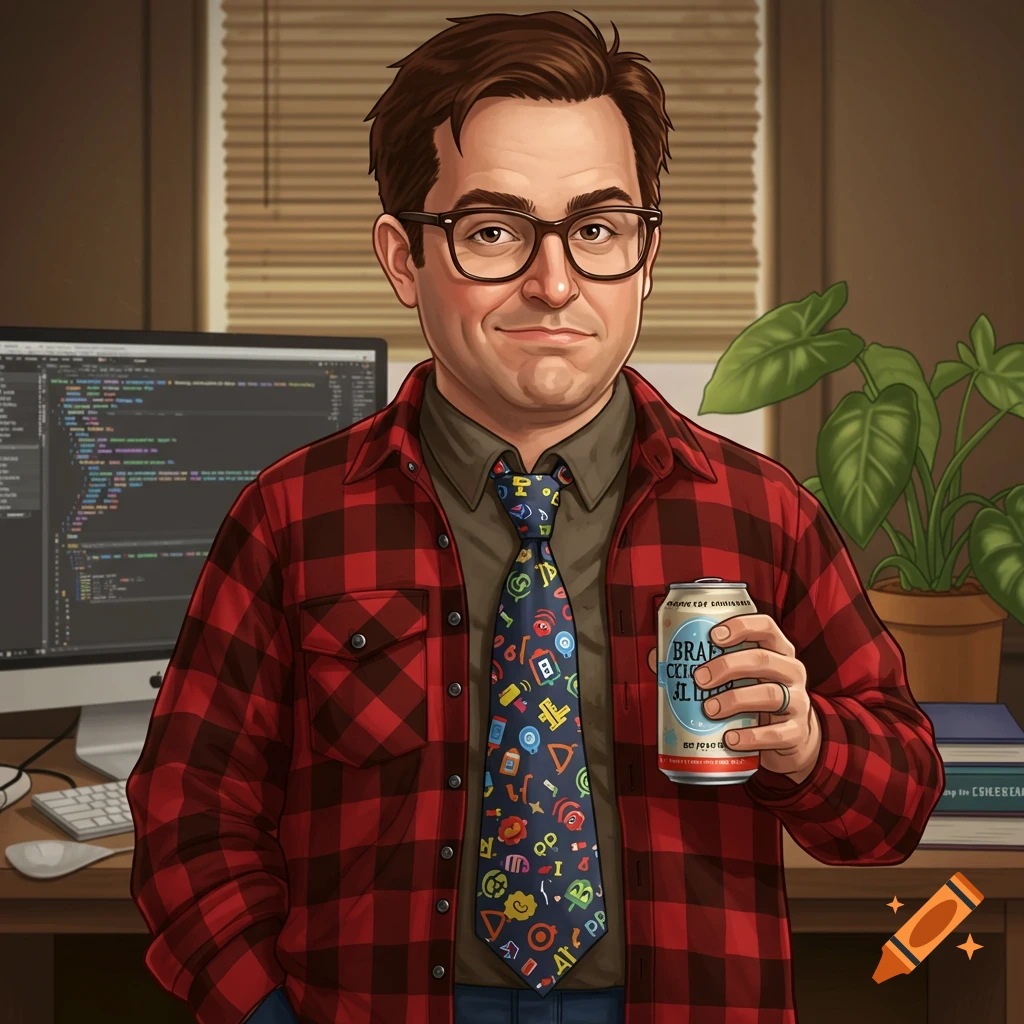 Illustration of a man in glasses, plaid shirt, and tie holding a can, sitting at a desk with a computer.