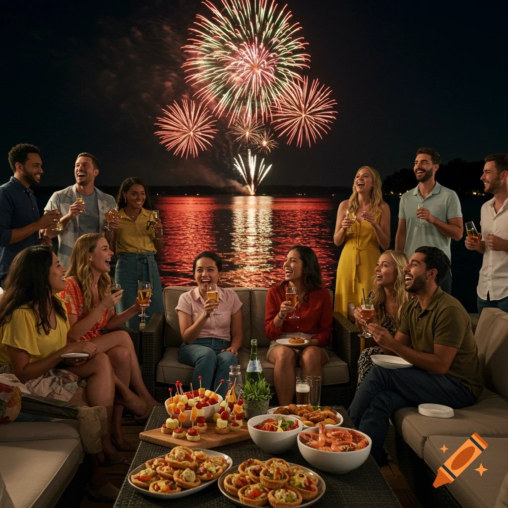 Group of people watching fireworks over water with food and drinks.