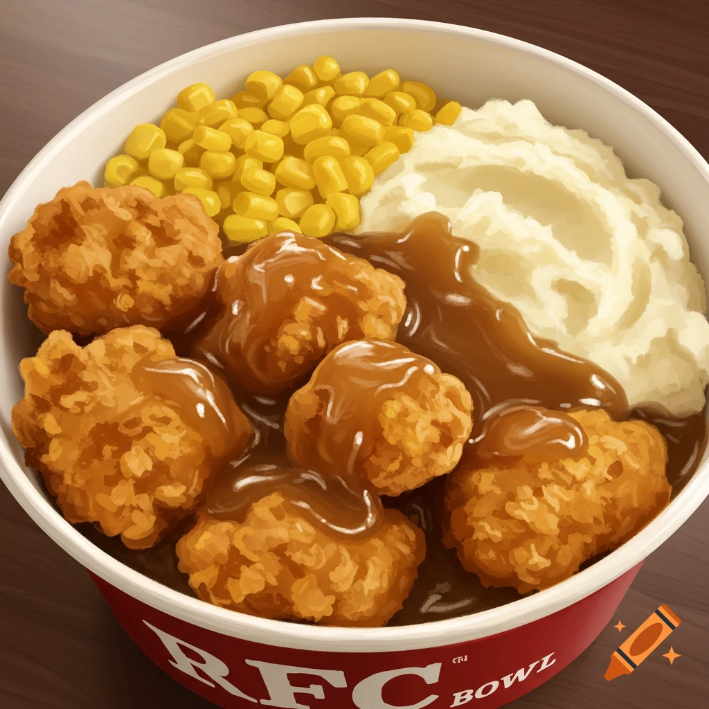 Illustration of a bowl of chicken bites, gravy, corn, and mashed potatoes.