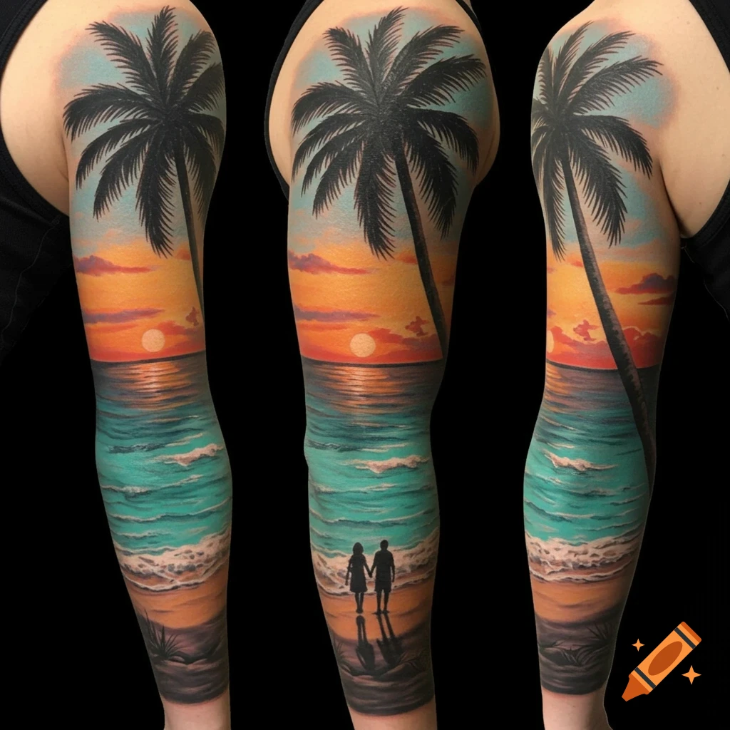 Tattoo of a tropical beach sunset scene with a palm tree, ocean waves, sand, and two silhouetted figures walking.