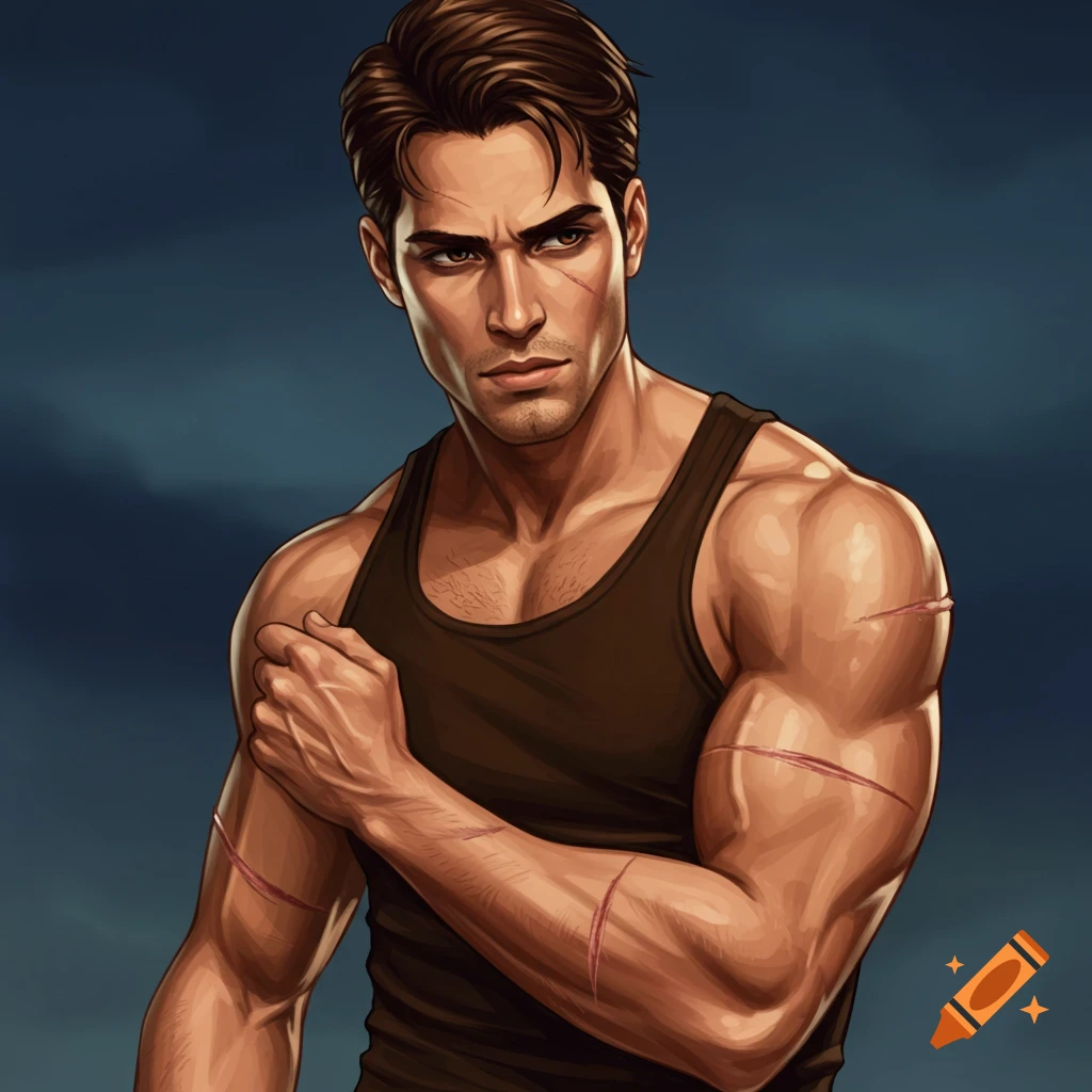 Illustration of a muscular man in a tank top with scars on his arms.