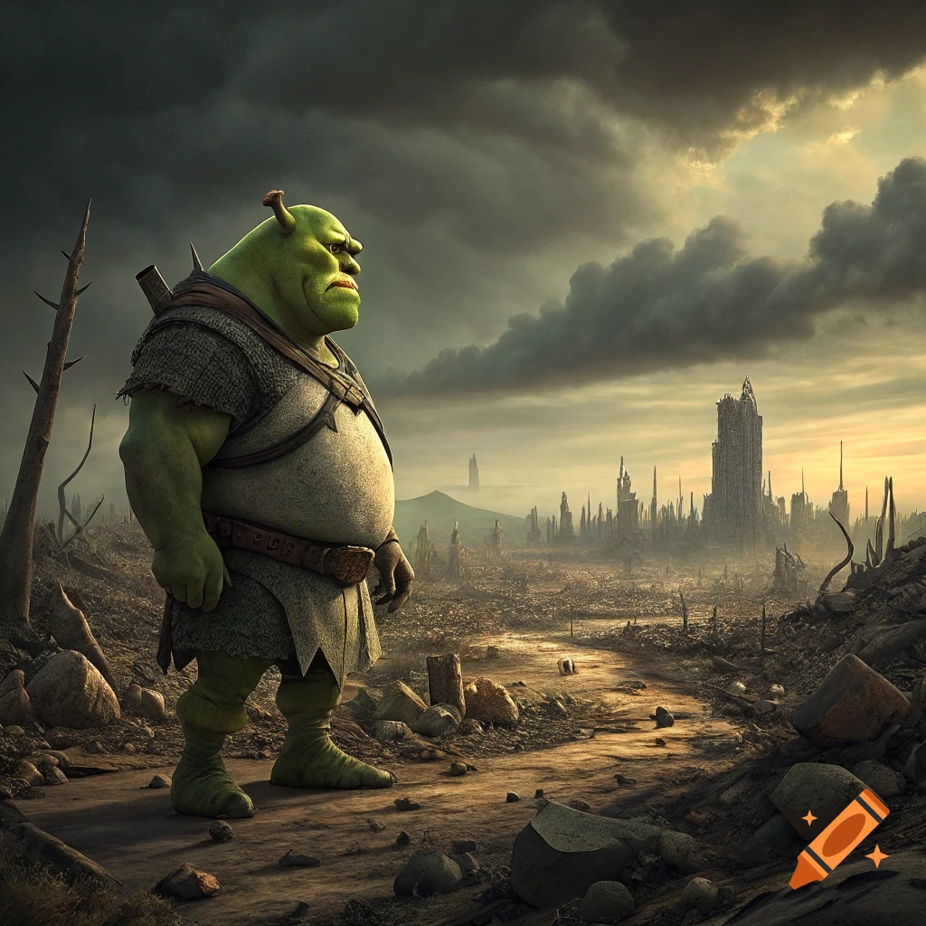 Shrek stands tall in a desolate, ruined landscape with a destroyed city in the distance under stormy skies.