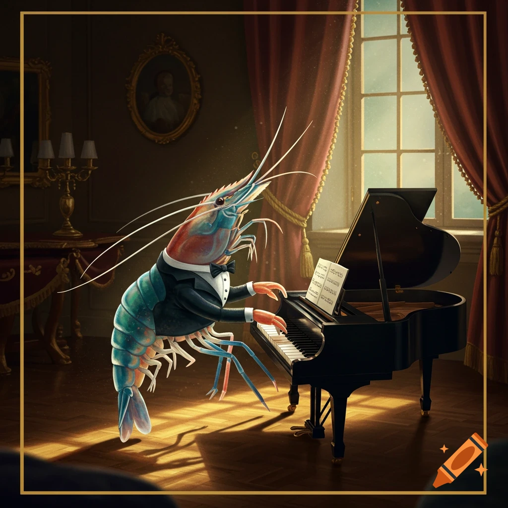 A shrimp in a tuxedo plays a grand piano in a fancy room.