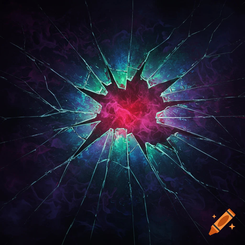 A fractured surface, resembling cracked glass or ice, radiates light from a central glowing area against a dark background.