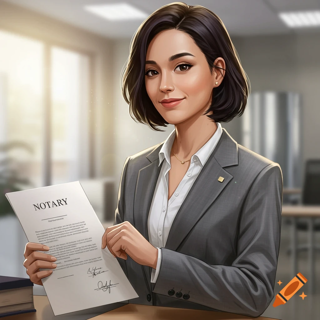 A woman in a suit holds a document labeled 'NOTARY' in an office setting.