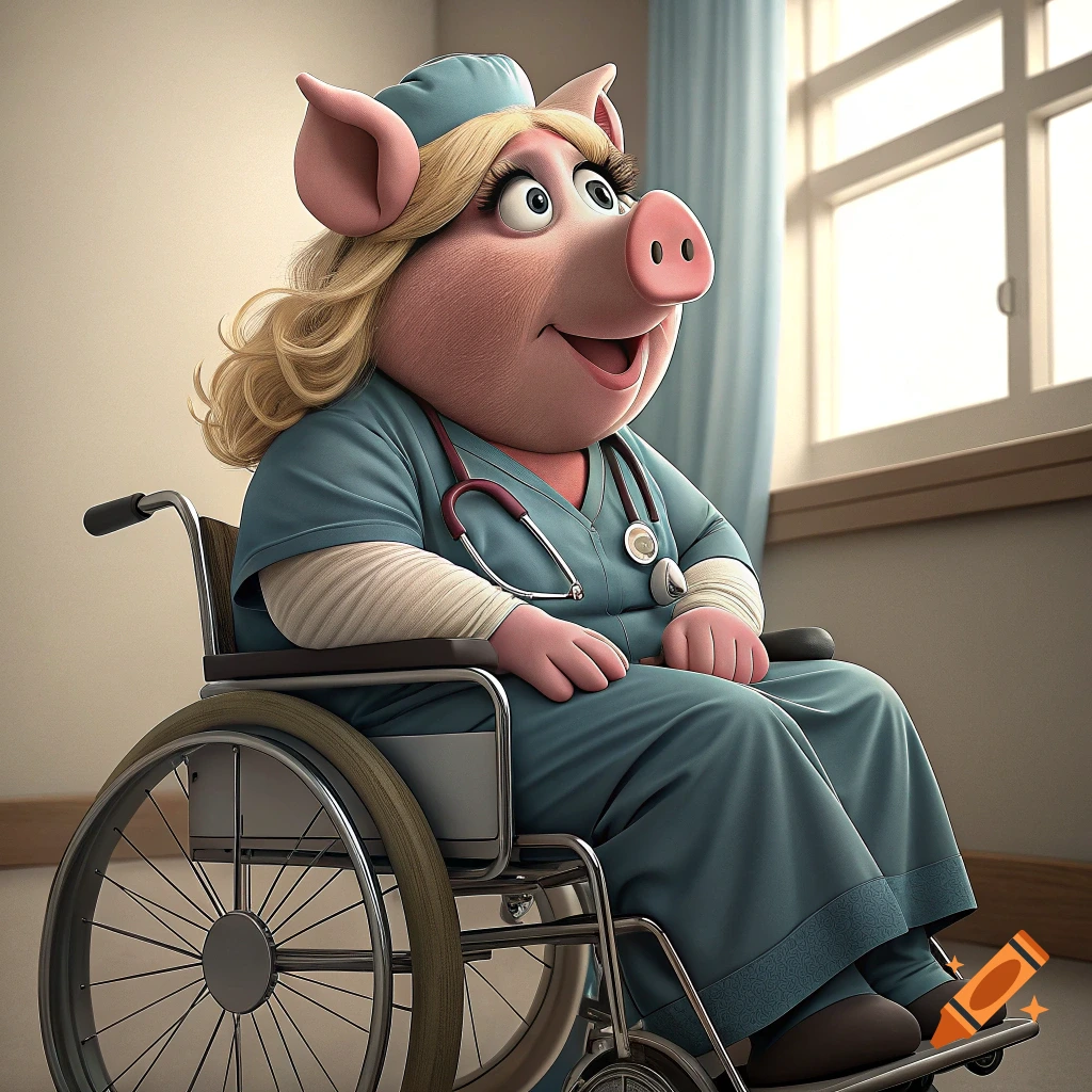 Cartoon pig resembling Miss Piggy in scrubs and a wheelchair in a hospital room.