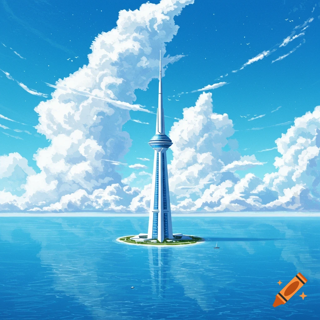 An anime-style image of a tall futuristic tower on a small island in a vast blue ocean under a cloudy sky.