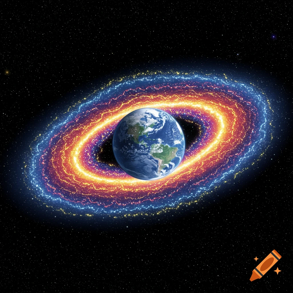The Earth surrounded by colorful rings of light and energy in space.