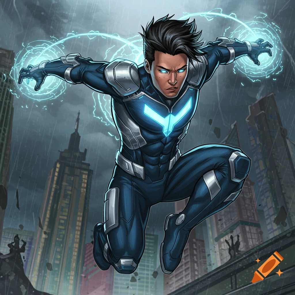 Comic art of a superhero leaping through a rainy city, casting blue energy from his hands.