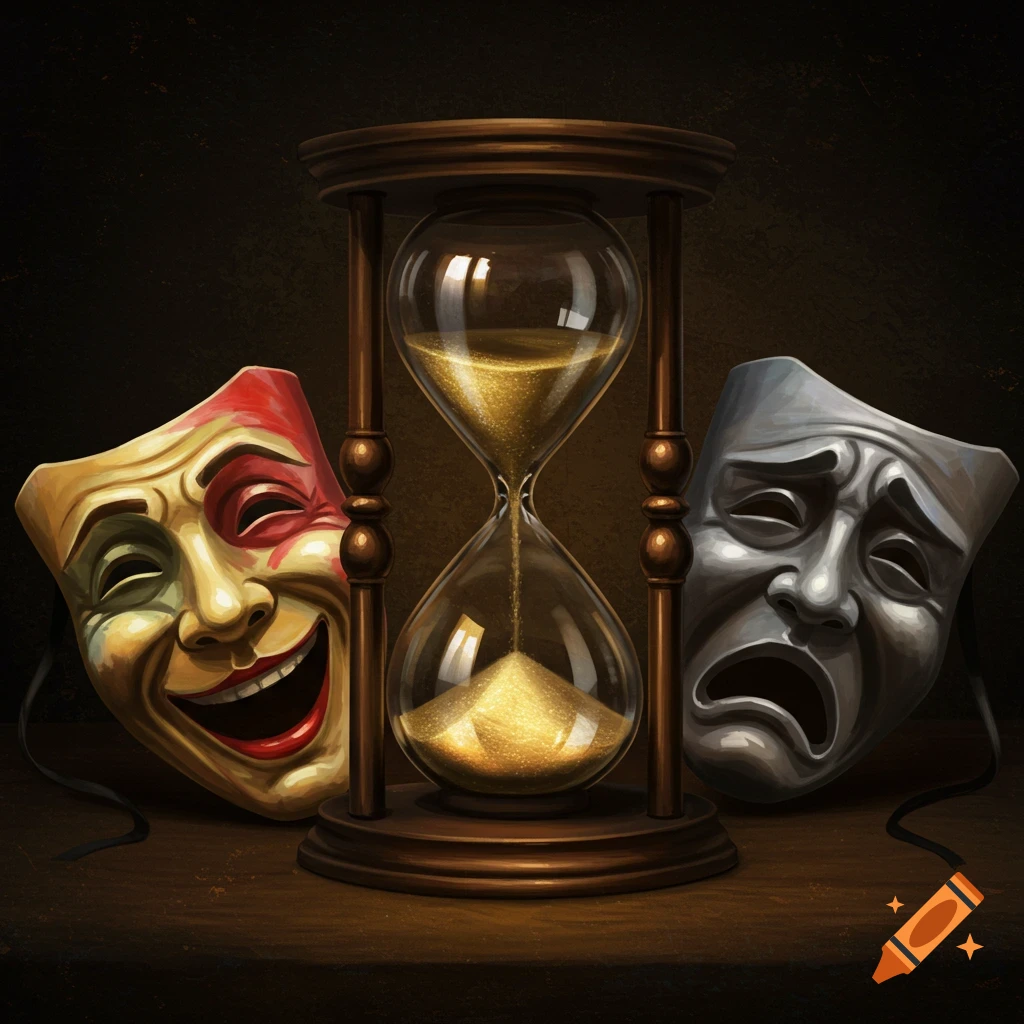 Hourglass between comedy and tragedy masks