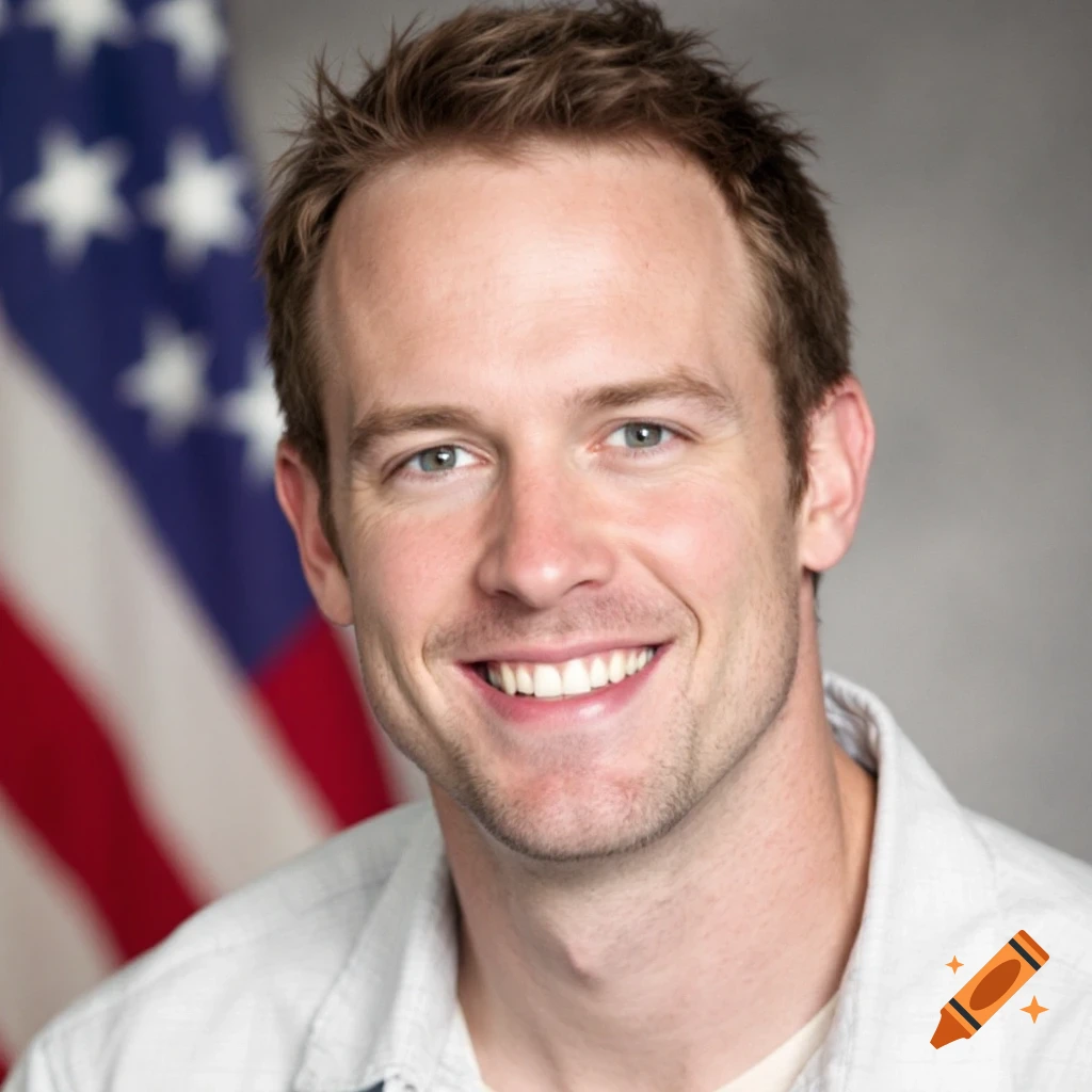 A man smiling in front of a US flag