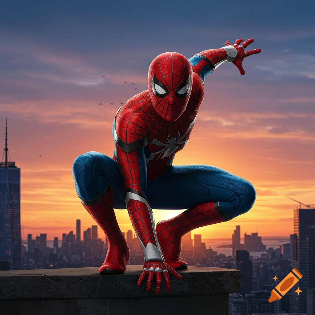 Spider-Man in his red and blue suit crouches on a rooftop overlooking a city skyline at sunset.