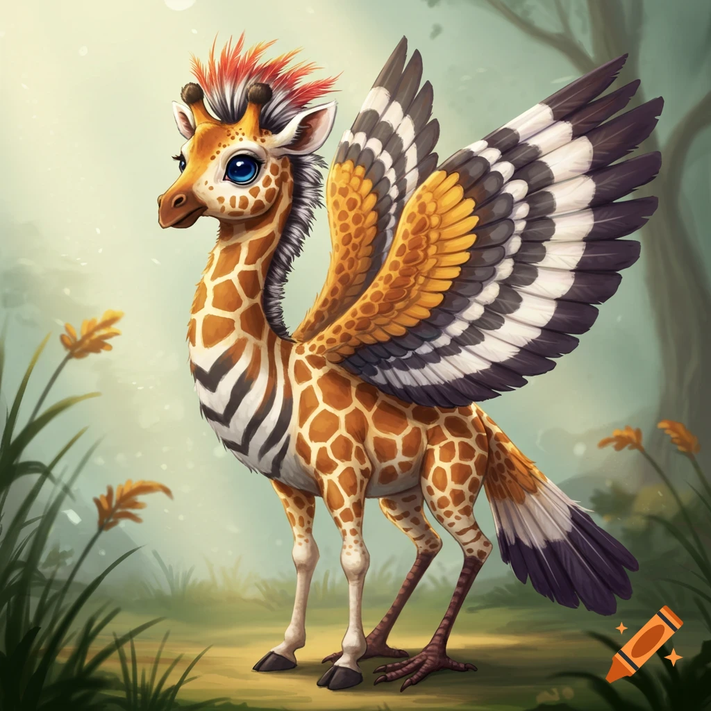 A cartoon hybrid creature with giraffe spots, zebra stripes, and bird wings stands in a forest.