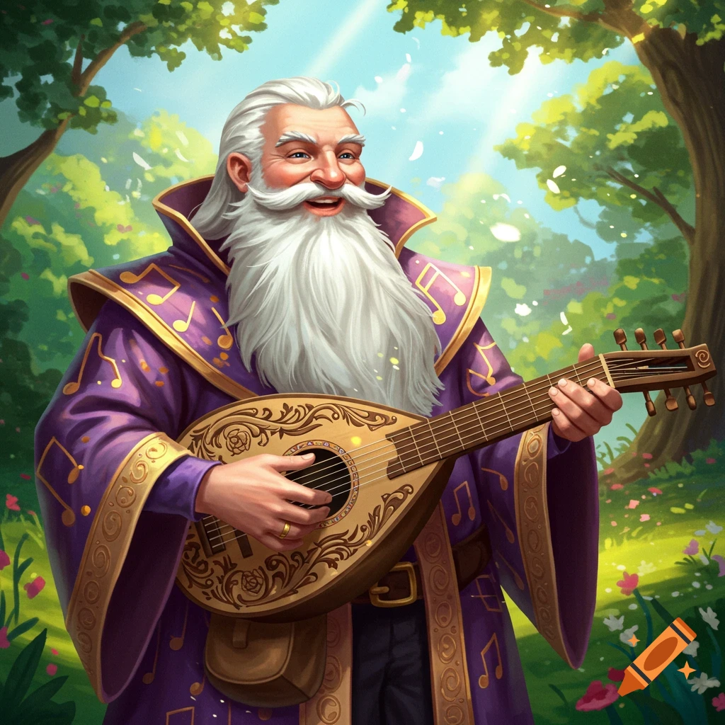 Illustration of an old wizard playing a lute in a sunlit forest.