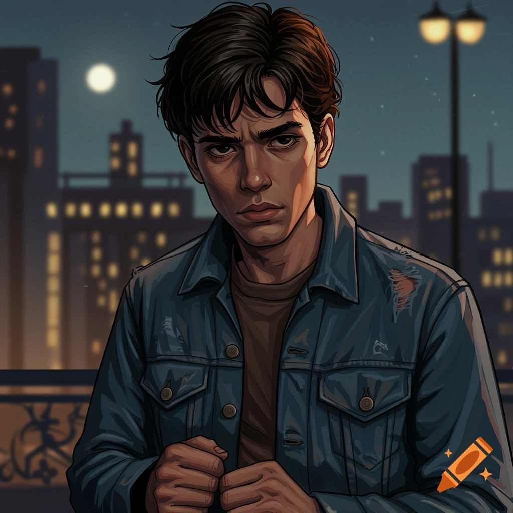 Illustration of a young man with dark hair wearing a denim jacket, standing against a city skyline at night.