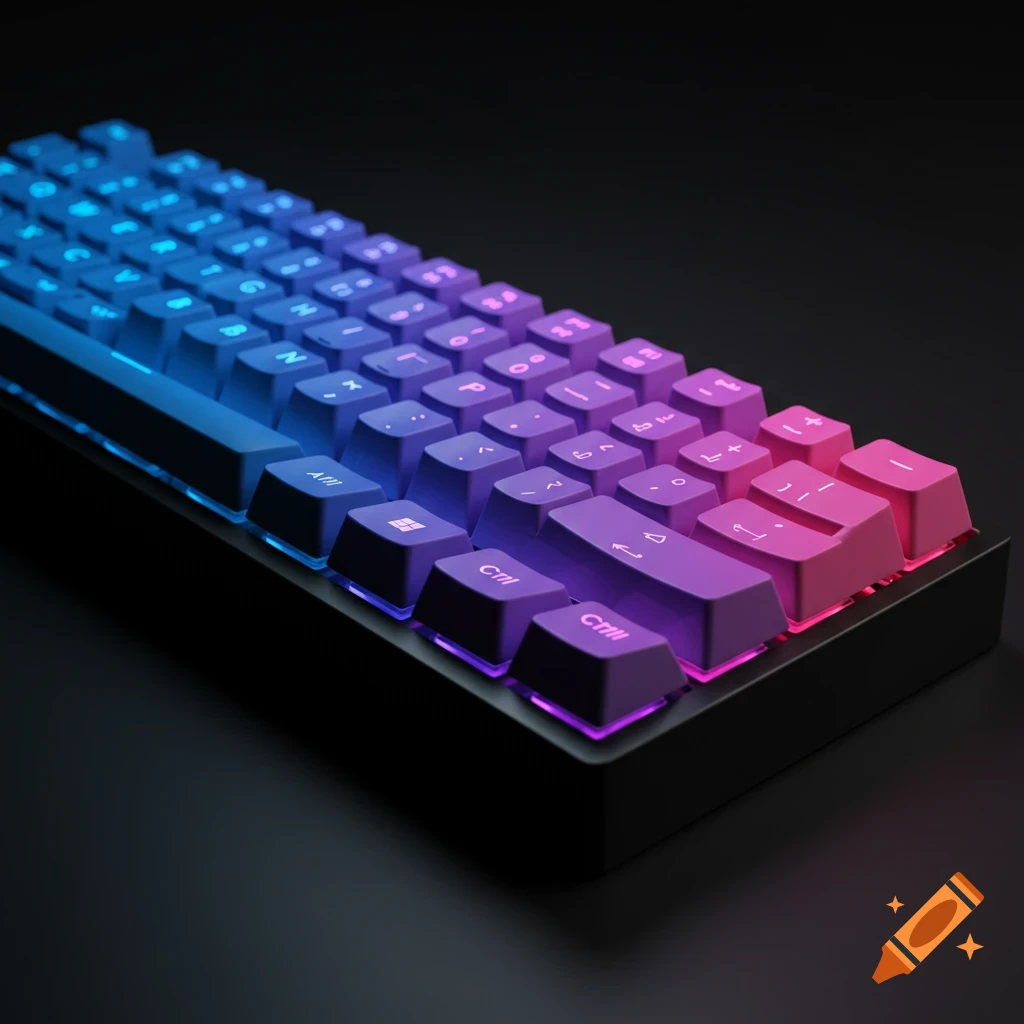 Close-up of a mechanical keyboard with keys lit by blue, purple, and pink RGB lighting.