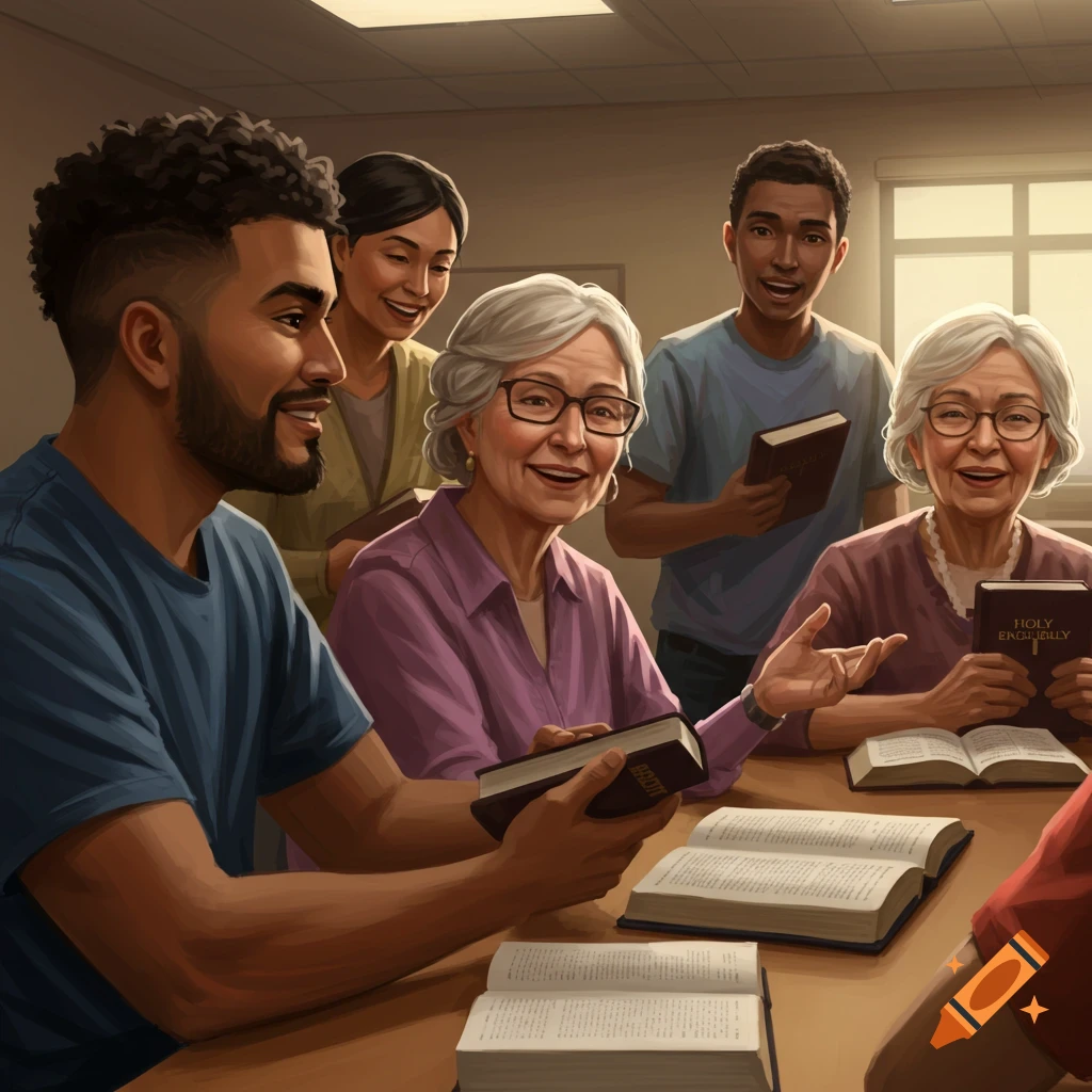 Digital illustration of a diverse group of people sitting around a table reading books.