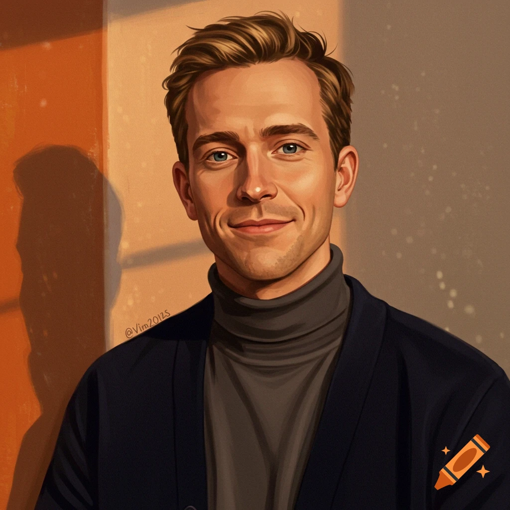 Stylized portrait of a smiling man in a turtleneck and jacket, lit by warm sunlight.