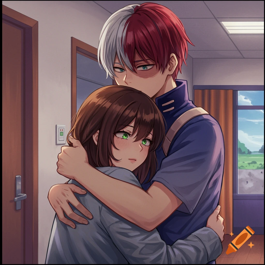 Anime style illustration of Shoto Todoroki hugging a girl in a hallway.