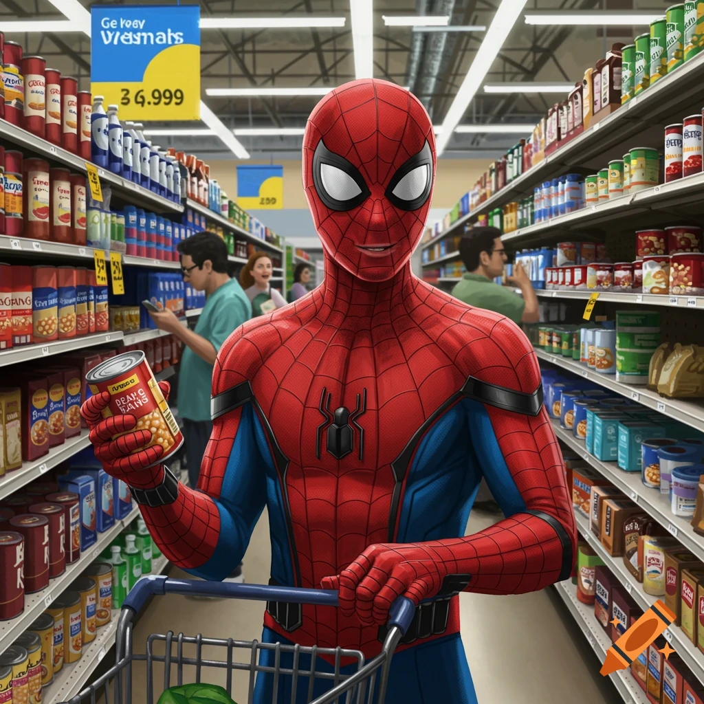 Spider-Man shopping in a supermarket aisle, holding a can of beans.