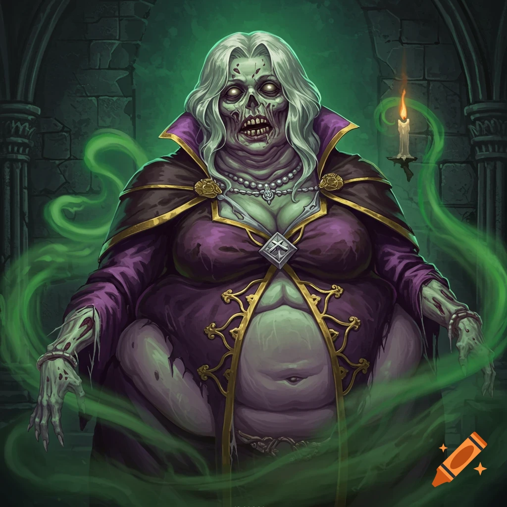 A grotesque, bloated female undead creature in a purple dress and cape stands in a gothic dungeon.