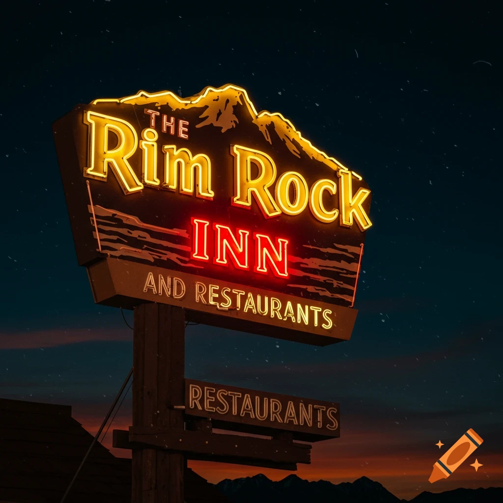 A retro neon sign for The Rim Rock Inn and Restaurants against a twilight sky and mountains.