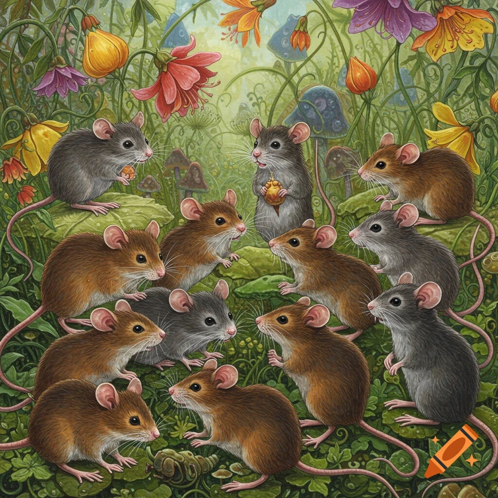 An illustration of mice among colorful flowers and leaves.
