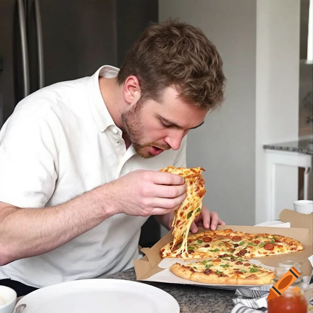 A man lifts a cheesy slice of pizza from a pizza box